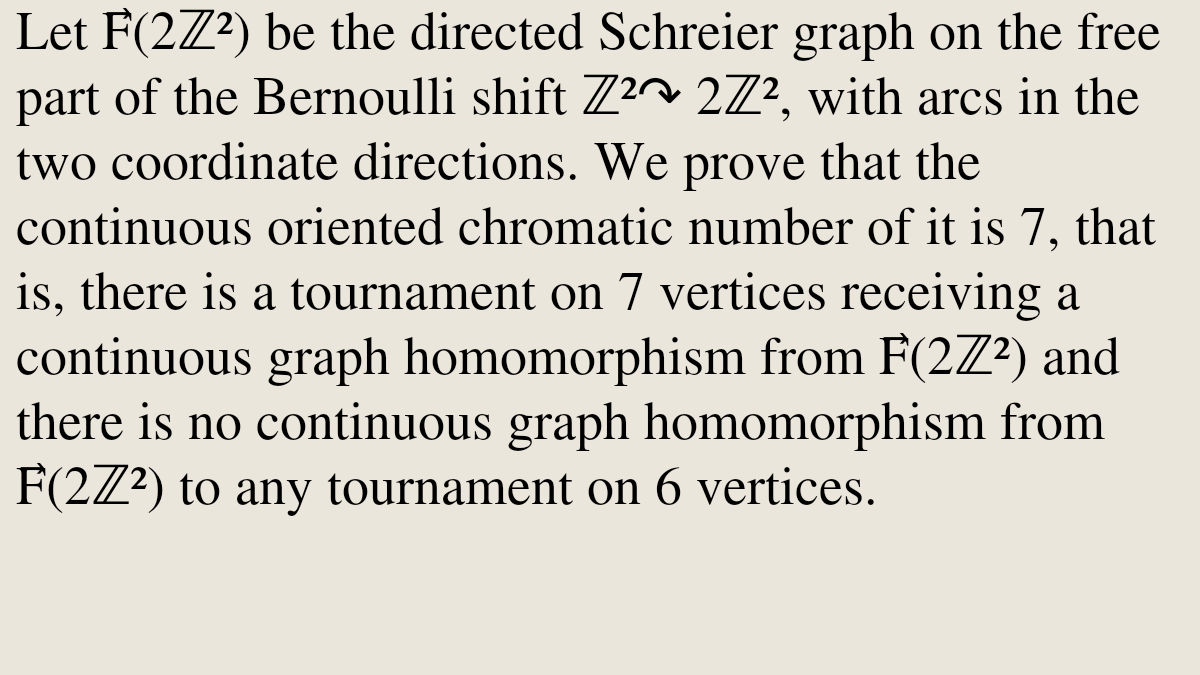PRWT's tweet photo. The continuous oriented chromatic number of directed Schreier graphs of ℤ²-shift actions

Ruijun Wang
https://t.co/Y92i8ruzeS [𝚖𝚊𝚝𝚑.𝙻𝙾 𝚖𝚊𝚝𝚑.𝙲𝙾] https://t.co/YvMcfviakd