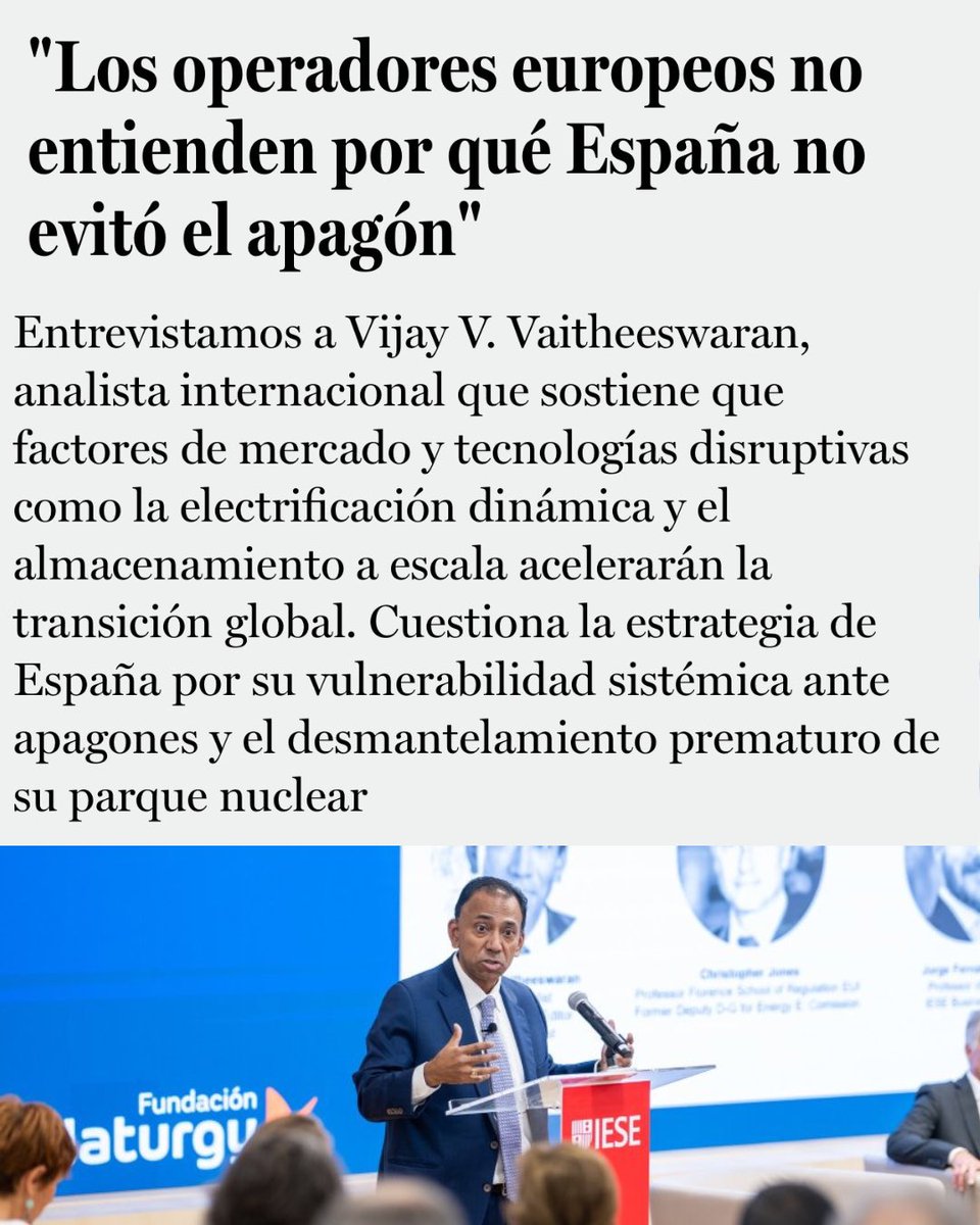 OperadorNuclear's tweet photo. El prestigioso analista internacional Vijay V. Vaitheeswaran, con más de tres décadas en The Economist, cuestiona la estrategia energética española y afirma que el desmantelamiento prematuro del parque nuclear aumenta la vulnerabilidad del sistema eléctrico. 

Según explica, los operadores europeos siguen sin entender por qué España no evitó el gran apagón cuando ya se habían observado señales similares en otros países y existían soluciones técnicas para responder a ellas.

Su reflexión llega en un momento especialmente relevante, porque mientras la mayoría de países desarrollados prolongan la vida de sus centrales nucleares o construyen nuevas, España mantiene un calendario de cierre que reducirá la generación síncrona disponible y hará todavía más exigente la operación de la red.

La estabilidad del sistema eléctrico no debería debilitarse por decisiones ideológicas cuando ya disponemos de una tecnología que refuerza la seguridad de suministro y facilita una transición energética más robusta.

https://t.co/cbX4GFkNwD