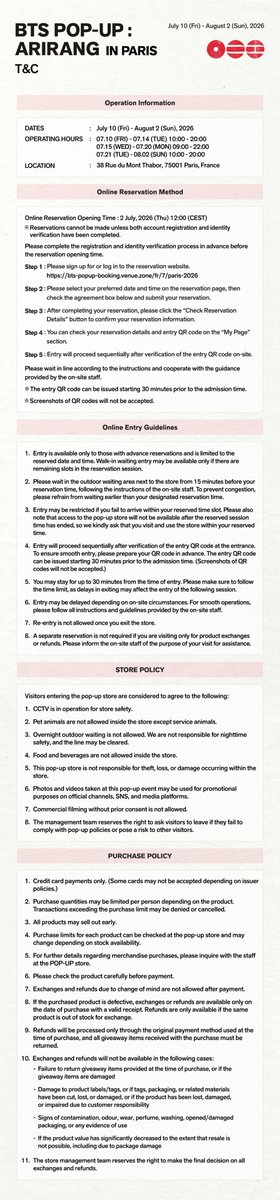 KPOPMERCH_POPUP's tweet photo. BTS POP-UP : ARIRANG IN PARIS

📢DETAILED INFORMATION

📅July 10 (Fri) - August 2 (Sun), 2026
⏰07.10 (FRI) - 07.14 (TUE) 10:00 - 20:00
07.15 (WED) - 07.20 (MON) 09:00 - 22:00
07.21 (TUE) - 08.02 (SUN) 10:00 - 20:00
📍38 Rue du Mont Thabor, 75001 Paris, France

#BTS #방탄소년단 #BTS_ARIRANG
#BTS_POPUP
