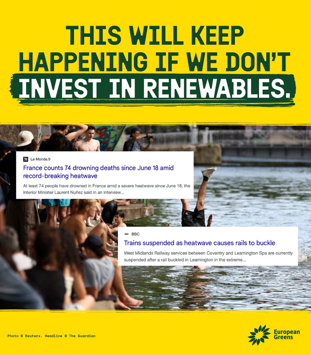 europeangreens's tweet photo. Heatwave ≠ 🍦👙⛱️
Heatwave = ⚠️🥵🔥

Projections say temperatures in England up to 45°C by 2056, imagine what that means for Spain or Portugal.

We need immediate action to slow the climate crisis's progress.

To all the politicians claiming ‘this is just summer’, shame on you. https://t.co/gCppPXo1SY