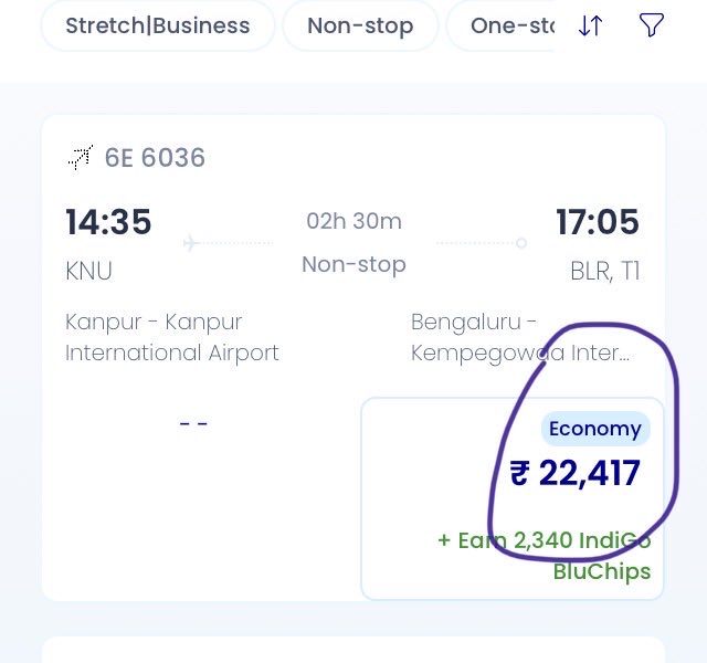 satendra_1808's tweet photo. @IndiGo6E @MoCA_GoI 
Aviation fuel is high we all know but on same date , 2 hrs journey from Kanpur to Bangalore cost at 22k inr and 4.5 hrs journey from Delhi to Phuket cost at 18k inr. This is not even festival season. What’s the logic ? Demand n supply? https://t.co/yYio7DRIrv