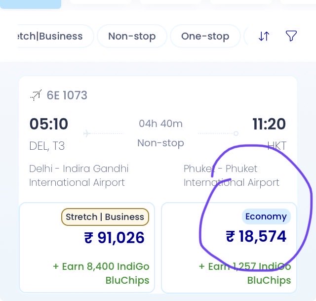 satendra_1808's tweet photo. @IndiGo6E @MoCA_GoI 
Aviation fuel is high we all know but on same date , 2 hrs journey from Kanpur to Bangalore cost at 22k inr and 4.5 hrs journey from Delhi to Phuket cost at 18k inr. This is not even festival season. What’s the logic ? Demand n supply? https://t.co/yYio7DRIrv