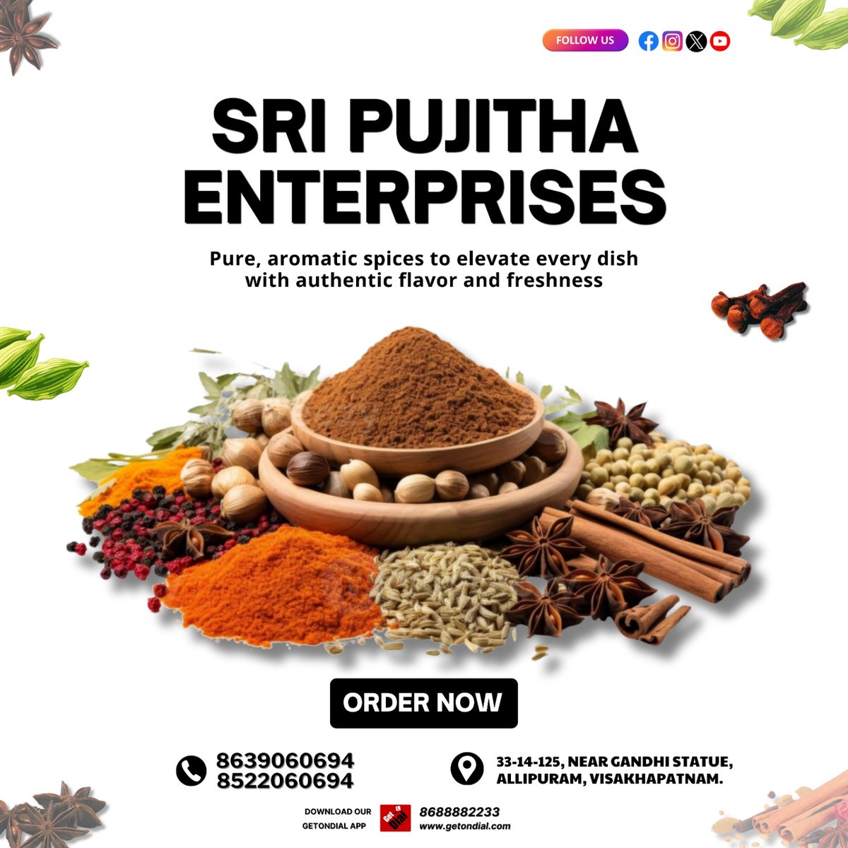 getondialapp's tweet photo. Fresh Spices, Rich Flavors, Healthy Choices | Sri Pujitha Enterprises Now listed on GetOnDial

#MahilaSpices #OrganicSpices #NaturalSpices #PremiumSpices #SpicesAndHerbs  #BulkOrders #KitchenEssentials #GetOnDial #OrderOnline #ShopLocal #Visakhapatnam 
https://t.co/nbtDJRqM1B https://t.co/VdfqAIdUFp