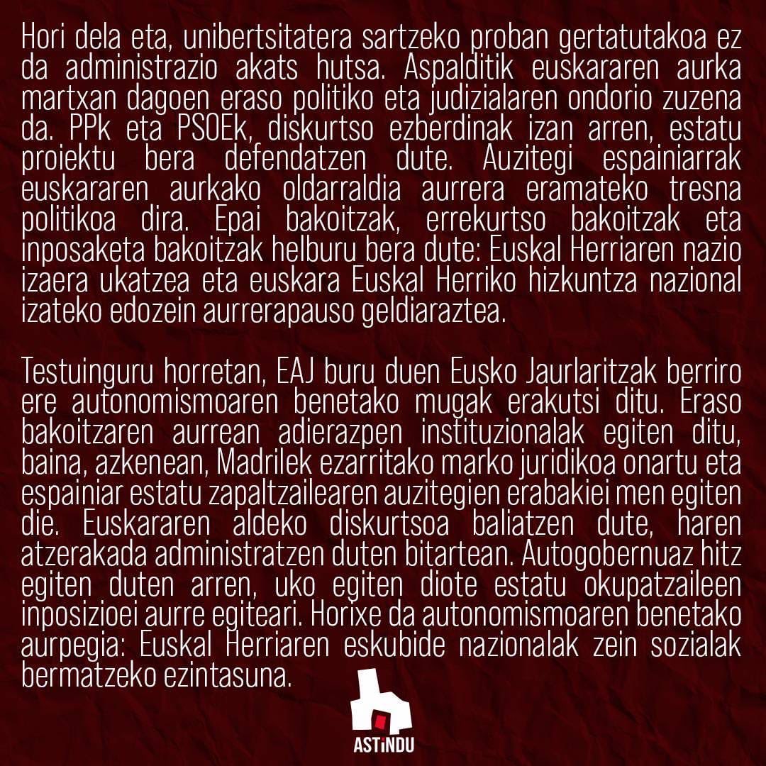 JardunK's tweet photo. EUSKARAREN AURKAKO ERASORIK EZ!

Euskara defendatzea ez da soilik hizkuntza bat babestea. Euskal Herriak bere hizkuntza sistema propioa eraikitzeko duen eskubidea eta beharra defendatzea da.

https://t.co/f6cx8KJT4o https://t.co/oCgYfHDxBg