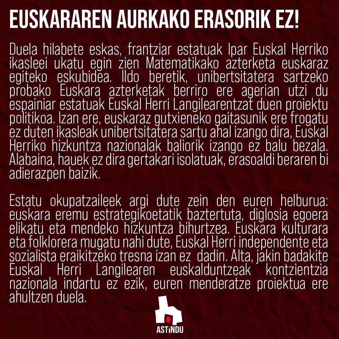 JardunK's tweet photo. EUSKARAREN AURKAKO ERASORIK EZ!

Euskara defendatzea ez da soilik hizkuntza bat babestea. Euskal Herriak bere hizkuntza sistema propioa eraikitzeko duen eskubidea eta beharra defendatzea da.

https://t.co/f6cx8KJT4o https://t.co/oCgYfHDxBg