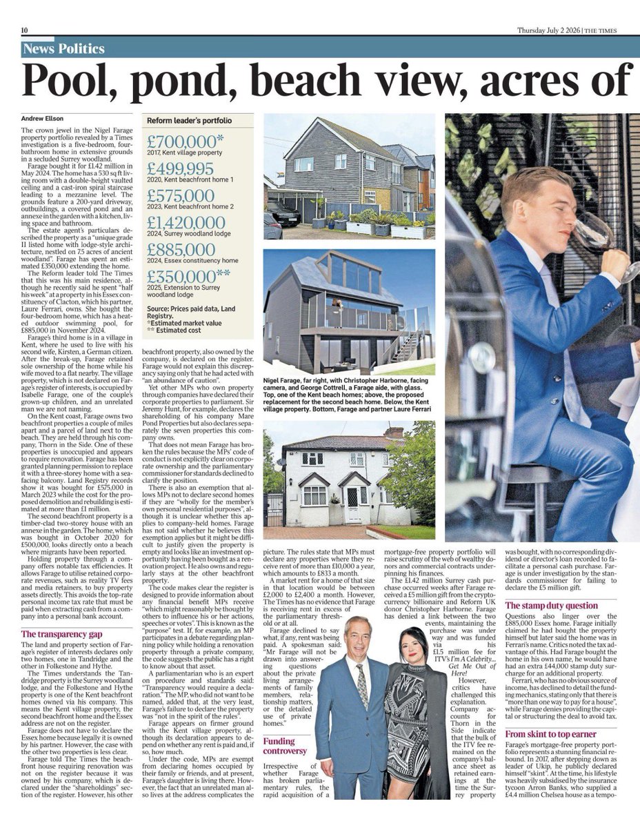 LizWebsterSBF's tweet photo. Farage promised to take back control for ordinary people. But look 👀 who’s funding Reform:

💰 Multi-million-pound gifts from crypto billionaires.
🏡 Questions over undeclared interests and property holdings.
📋 A Parliamentary Standards investigation into Nigel Farage over a £5m gift. He denies any wrongdoing.
🛢️ Scrutiny of a major donor’s business links to fuel supplied from refineries processing Russian crude, reported as lawful but controversial.

This isn’t the grassroots uprising ordinary people were promised.

It’s a movement increasingly bankrolled by a tiny number of ultra-wealthy donors.

Farage doing classic mini-Trump: cash property empire, donor millions with murky Russian oil ties, only 2/5+ homes declared.

Claimed he was skint in 2017. The man who hates the establishment sure knows how to live like one.