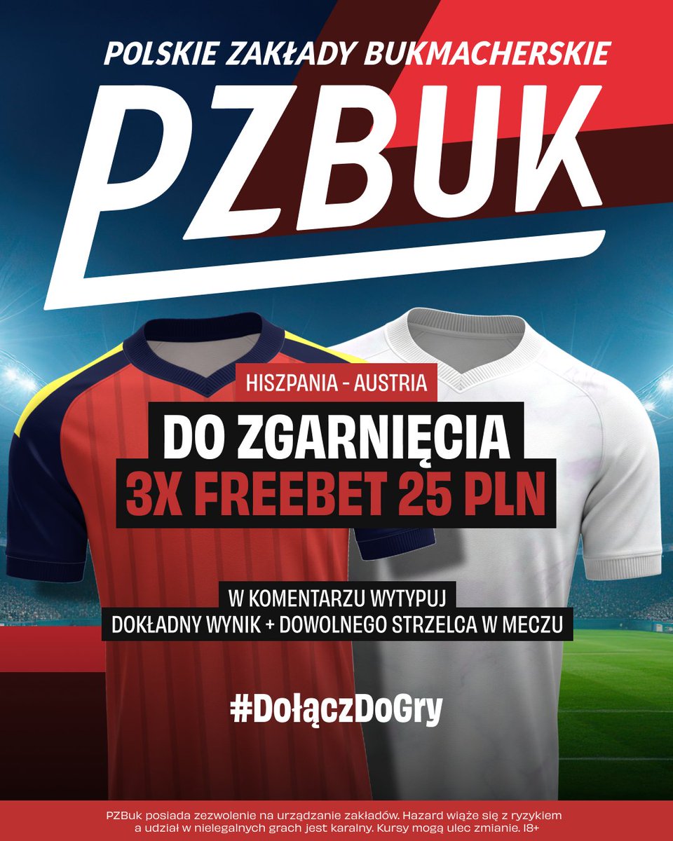 pzbuk_pl's tweet photo. ‼️ FREEBET 25 ZŁOTYCH ZA CZWARTKOWY HIT! 🎁

Czy Hiszpanie podtrzymają dobrą serię i znowu nie straca gola na mundialu? Austriacy spróbują to zmienić!

Dziś kolejna szansa dla 3⃣ osób na wygranie darmowych zakładów o wartości 25 złotych.

❤️ Polub post,
🔎 Obserwuj nasz profil,
✍️ Podaj w komentarzu dokładny wynik + dowolnego strzelca gola w meczu Hiszpania - Austria.
🎁 Nagrody w postaci darmowych zakładów 25 złotych trafią do trzech osób, które najszybciej podadzą prawidłowy typ,
⏳ Komentarze zostawiać możecie do 21:00, czyli rozpoczęcia pierwszego meczu.

*Organizatorem zabawy jest właściciel marki PZBuk, który zastrzega prawo do zmiany zasad lub unieważnienia konkursu.

#PZBuk #PolskieZakładyBukmacherskie #DołączDoGry