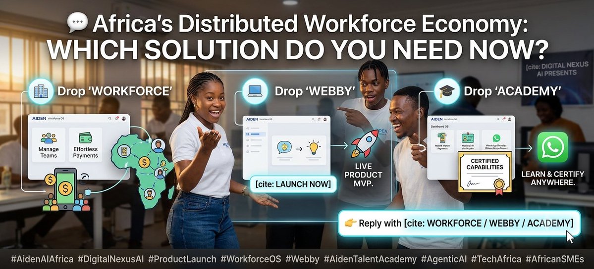 AidenAfricaAI's tweet photo. 💬 Let’s Get the Conversation Started:
We aren't just building software; we are laying down the infrastructure for Africa's distributed workforce economy.
#AidenAIAfrica #DigitalNexusAI #ProductLaunch #WorkforceOS #Webby #AidenTalentAcademy #AgenticAI #TechAfrica #AfricanSMEs https://t.co/XFAkYwu65O