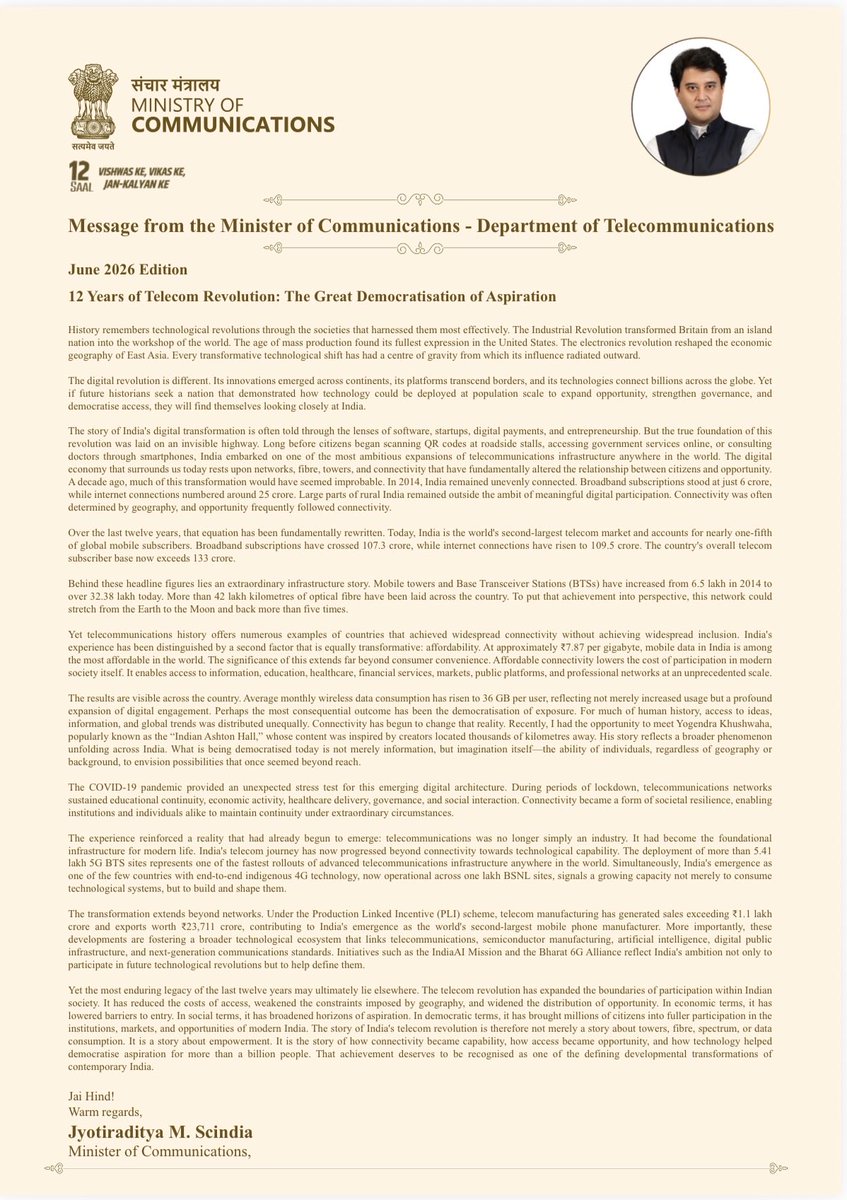 ControllerDot's tweet photo. Hon'ble Minister of Communications' Message – June 2026 🇮🇳📶

The Hon'ble Minister of Communications highlighted India's remarkable telecom transformation. With 133+ crore telecom subscribers, 107.3 crore broadband connections, rapid 5G rollout, indigenous 4G innovation, and affordable digital connectivity, India is building an inclusive, innovative, and future-ready Digital India.

#Telecom #DigitalConnectivity #5G #DigitalTransformation #DigitalIndia #CGCA #DoT