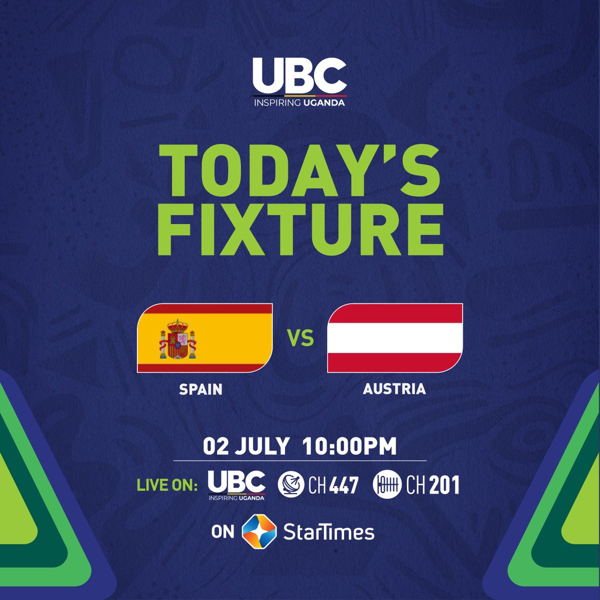 StarTimesUganda's tweet photo. AD
⚽️ Matchday: SPAIN vs. AUSTRIA
📺 Tune into LIVE on 𝐔𝐁𝐂 𝐂𝐇.𝟒𝟒𝟕/𝟐𝟎𝟏 on StarTimes at 10PM.

🗣 Spain's young guns face Rangnick’s stubborn Austria in a massive World Cup knockout clash!. Drop your correct score predictions below and 𝐖𝐈𝐍! 🥳👇
#FIFAWorldCup2026 https://t.co/bPtNO7t4yz