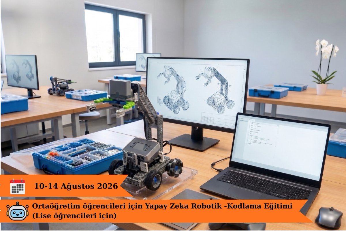 ODTUSEM's tweet photo. Ortaöğretim öğrencileri için Yapay Zeka Robotik- Kodlama  Eğitimi (9,10,11,12.sınıflara başlamak için)
Eğitim Başlama Tarihi: 10 Ağustos 2026
Son Başvuru Tarihi: 6 Ağustos 2026
Detaylı bilgi ve kayıt için: https://t.co/z4Vs7aGSaP https://t.co/LNcptZ4GhJ