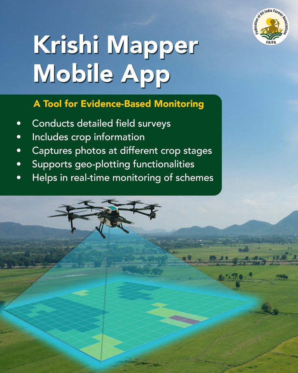 FAIFA_Official's tweet photo. The Krishi Mapper Mobile App enables real-time agricultural surveys, geo-tagging and digital monitoring directly from the field.

From crop-stage photo capture to geo-plotting, the app helps improve transparency and evidence-based agricultural management

#FAIFA #KrishiMapper #Agriculture #DigitalIndia

@narendramodi @AgriGoI @ChouhanShivraj @_DigitalIndia @mygovindia @icarindia @AgriInfraFund @aicofindia @pmfby @PmfbyUp