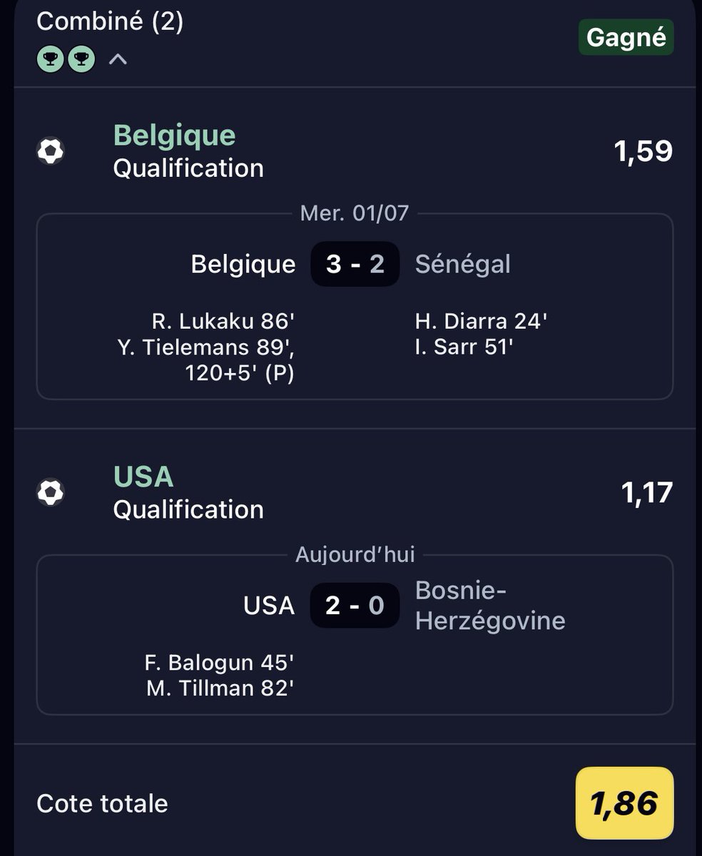 Enzo_3510's tweet photo. ET ÇA PASSE ENCORE ! 🇧🇪🇺🇸✅

Que ce fut dur mais le combiné à 1,86 est validé ! La Belgique qui nous sort une remontada légendaire en passant de 0-2 à 3-2 en toute fin de match. 🤯🔥
Les USA font le boulot proprement derrière (2-0).

#ParisSportif #belgique #senegal https://t.co/s3gNz6bZGF