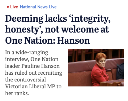 aaronsmith's tweet photo. Pauline Hanson says Moira Deeming has integrity issues too serious for One Nation.

One Nation’s standards apparently start after "convicted rapist on staff" and before "Moira Deeming". https://t.co/Nyx67HymgA