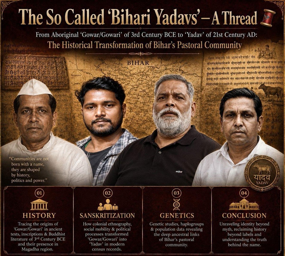 Salmancadih's tweet photo. The So Called 'Bihari Yadavs'  - A Thread 🧵 

From Aboriginal 'Raut-Gowar/Gowari' to Modern Yadav: The Historical Transformation of Bihar's Pastoral Caste now known as 'Yadav' 

History, Genetics, Sanscritization, Conclusion https://t.co/3ZmR0enphK