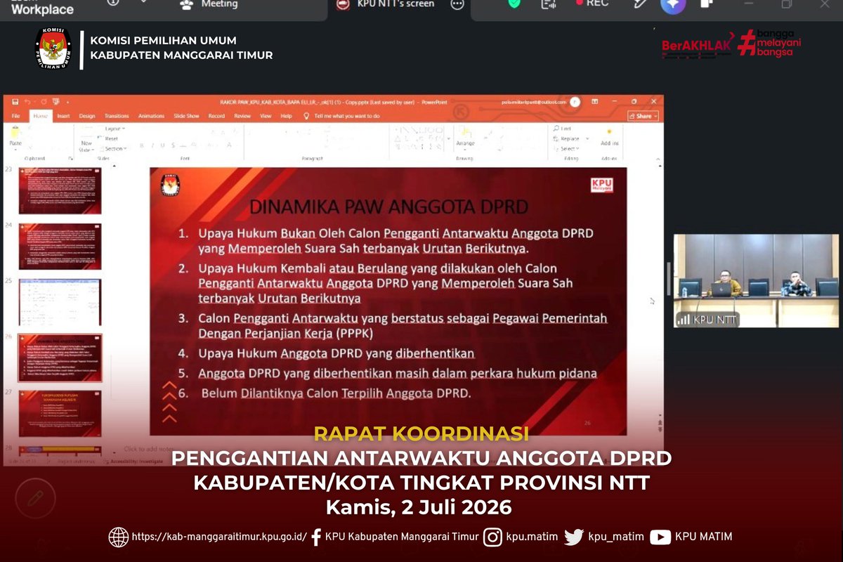 kpu_matim's tweet photo. #TemanPemilih, Ende, Ema, Ase, Kae, Lawa Manggarai Timur Ata Momang Dami

KPU Kabupaten Manggarai Timur ikuti Rakor PAW Anggota DPRD Kab./Kota Tingkat Provinsi NTT, Kamis (2/7/2026). Berita selengkapnya kunjungi : 🌐Web : https://t.co/y65FeUWcp4  

#kpumanggaraitimur
#kpumelayani https://t.co/zklXBwQ5zD