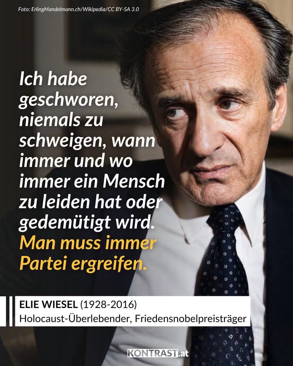 anemlon's tweet photo. Elie Wiesel war Schriftsteller, Hochschullehrer und Publizist. Er wurde von den Nazis verfolgt und hat die Konzentrationslager Auschwitz und Buchenwald überlebt. Wiesel verarbeitete in seinen Büchern vor allem, wie er den Holocaust erlebte, um ein Vergessen oder Gleichgültigkeit gegenüber dieser Zeit zu verhindern. Zugleich kritisierte er die politischen Führer jener Zeit, die nicht energisch genug gegen das nationalsozialistische Deutschland aufgetreten sind

Eine Aufforderung von Elie Wiesel an die nächste Generation: Verfolgte brauchen Solidarität. 1986 hat er für seinen Einsatz gegen Gewalt und Rassismus den Friedensnobelpreis bekommen.

Heute vor 10 Jahren ist Elie Wiesel im Alter von 87 Jahren gestorben🌿