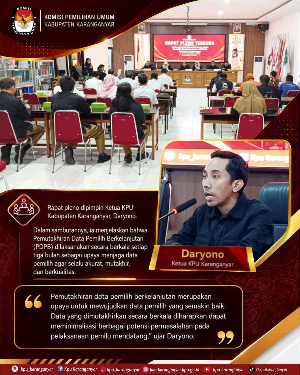 kpu_karanganyar's tweet photo. #Temanpemilih, KPU Karanganyar menetapkan hasil Rekapitulasi Pemutakhiran Data Pemilih Berkelanjutan (PDPB) Triwulan II Tahun 2026 melalui Rapat Pleno Terbuka yang diselenggarakan pada Rabu, 1 Juli 2026 di Aula Kantor KPU Karanganyar.
#KPUKaranganyar #PDPB2026 #DataPemilih https://t.co/PaZSC5xg3i