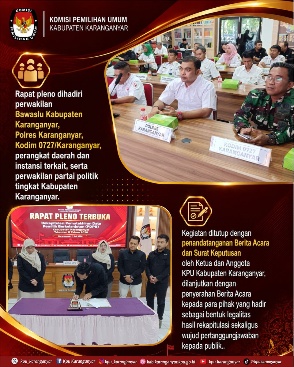 kpu_karanganyar's tweet photo. #Temanpemilih, KPU Karanganyar menetapkan hasil Rekapitulasi Pemutakhiran Data Pemilih Berkelanjutan (PDPB) Triwulan II Tahun 2026 melalui Rapat Pleno Terbuka yang diselenggarakan pada Rabu, 1 Juli 2026 di Aula Kantor KPU Karanganyar.
#KPUKaranganyar #PDPB2026 #DataPemilih https://t.co/PaZSC5xg3i
