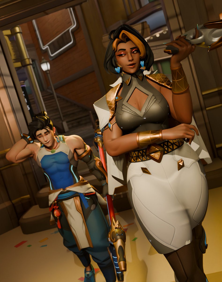 theosbread3171's tweet photo. I really loved this drawing I saw yesterday, so I used it as inspiration for the 3D scene.

The artist who drew the original stuff is: @DrawingsHernan   seriously awesome stuff, man!

Wuyang and Domina models made by @dzooworks !

#overwatch #domina https://t.co/r6lBtCWIEh