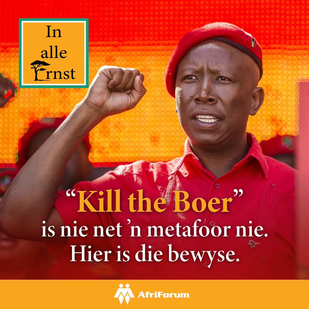 afriforum's tweet photo. 𝗜𝗻 𝗮𝗹𝗹𝗲 𝗘𝗿𝗻𝘀𝘁

“Kill the Boer” is nie net ’n metafoor nie. Hier is die bewyse. Is die berugte “Kill the Boer”-dreunsang deur die leier van die EFF, Julius Malema, ’n letterlike oproep tot geweld, of “net 'n metafoor” soos sy verdedigers, insluitend president Cyril Ramaphosa, beweer? Ernst van Zyl het ’n groot hoeveelheid bewyse saamgestel om hierdie valse narratief te weerlê.

YouTube: https://t.co/Bmyq87At15
Spotify: https://t.co/CglrIXAR9k
Apple: https://t.co/fcXs0yumzb