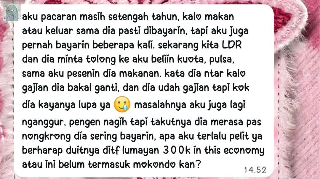 tanyarlfes's tweet photo. 💚 biasanya kalian gimana kalo nanggepin pacar yg minjem duit dgn dalih minta tolong dan nnti mau diganti uangnya pas gajian tapi doi ga inget? ga suka bgt jd org ga enakan 😔🙏🏻 https://t.co/LGwdr7YEH0