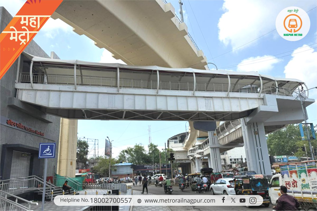 MetroRailNagpur's tweet photo. A step forward for smoother commuting in Nagpur! 🚇

Nagpur Metro’s Cotton Market Station will open its second Entry/Exit along with a 120-meter Foot Over Bridge (FOB) for public use from 3rd July 2026.

This new facility will enhance passenger convenience, improve accessibility, and ensure safer pedestrian movement in the busy Cotton Market area. It will also help reduce congestion and provide seamless connectivity to key nearby landmarks. 

#NagpurMetro #CottonMarketMetro #MetroConnectivity #ChalaMaziMetroNe  #safetravels