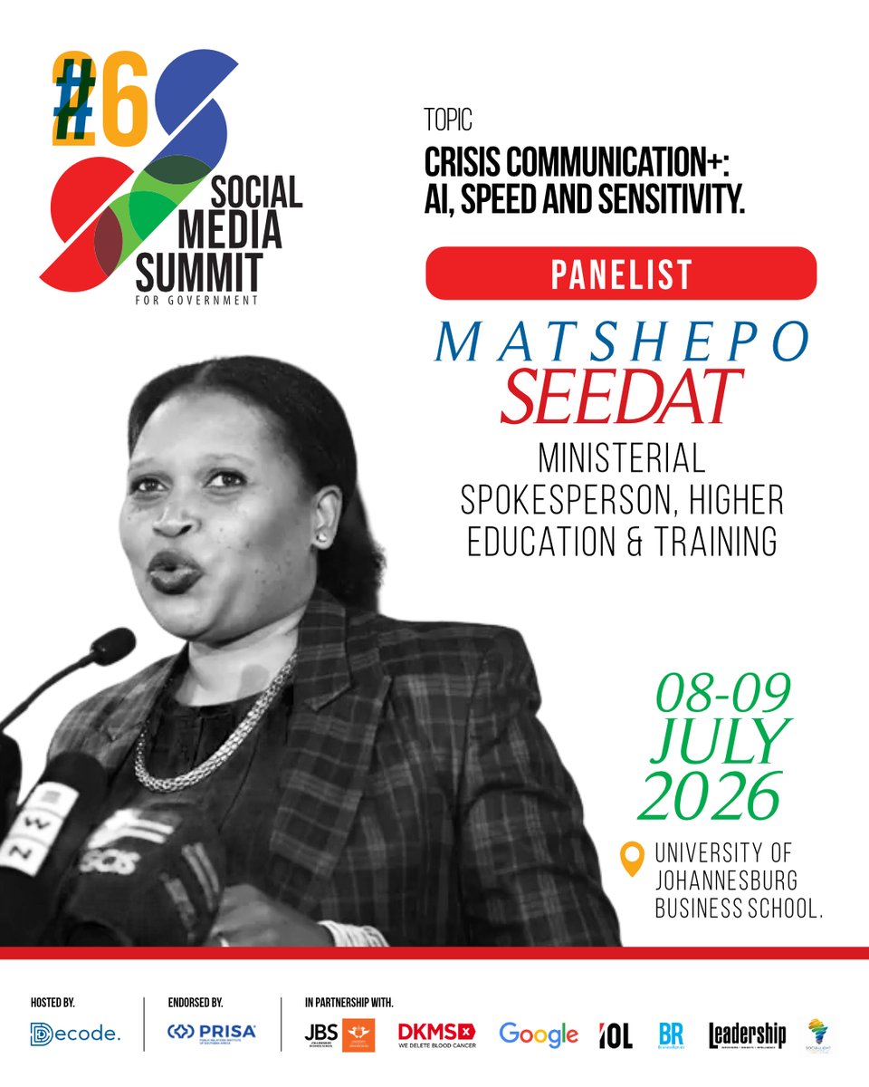Decode_Afrika's tweet photo. Every crisis creates two challenges: responding to events as they unfold and communicating timeously, accurately, and with empathy while public attention is at its highest.

AI is changing how institutions monitor emerging issues, understand public sentiment and respond in real time. Human intelligence ensures those responses remain responsible, credible and compassionate.

Join moderator Kemantha Govender with Fikile Ntsikelelo Moya, Chrispin Phiri and Matshepo Seedat, as they unpack how governments can combine technology and human judgement to build trust when it matters most.

Get your tickets: https://t.co/FEVRKua5qo

Thanks to our partners: @dkms_africa | @JBS_UJ | @PRISA_Africa  | @IOL  | @busrep  | @Leadership_Mag  | @Google  | @SocialLightBW 

#SMS4GOV2026 | #CrisisCommunication | #AI | #CitizenEngagement | @HigherEduSpox | @Fikelelomoya | @Chrispin_JPhiri