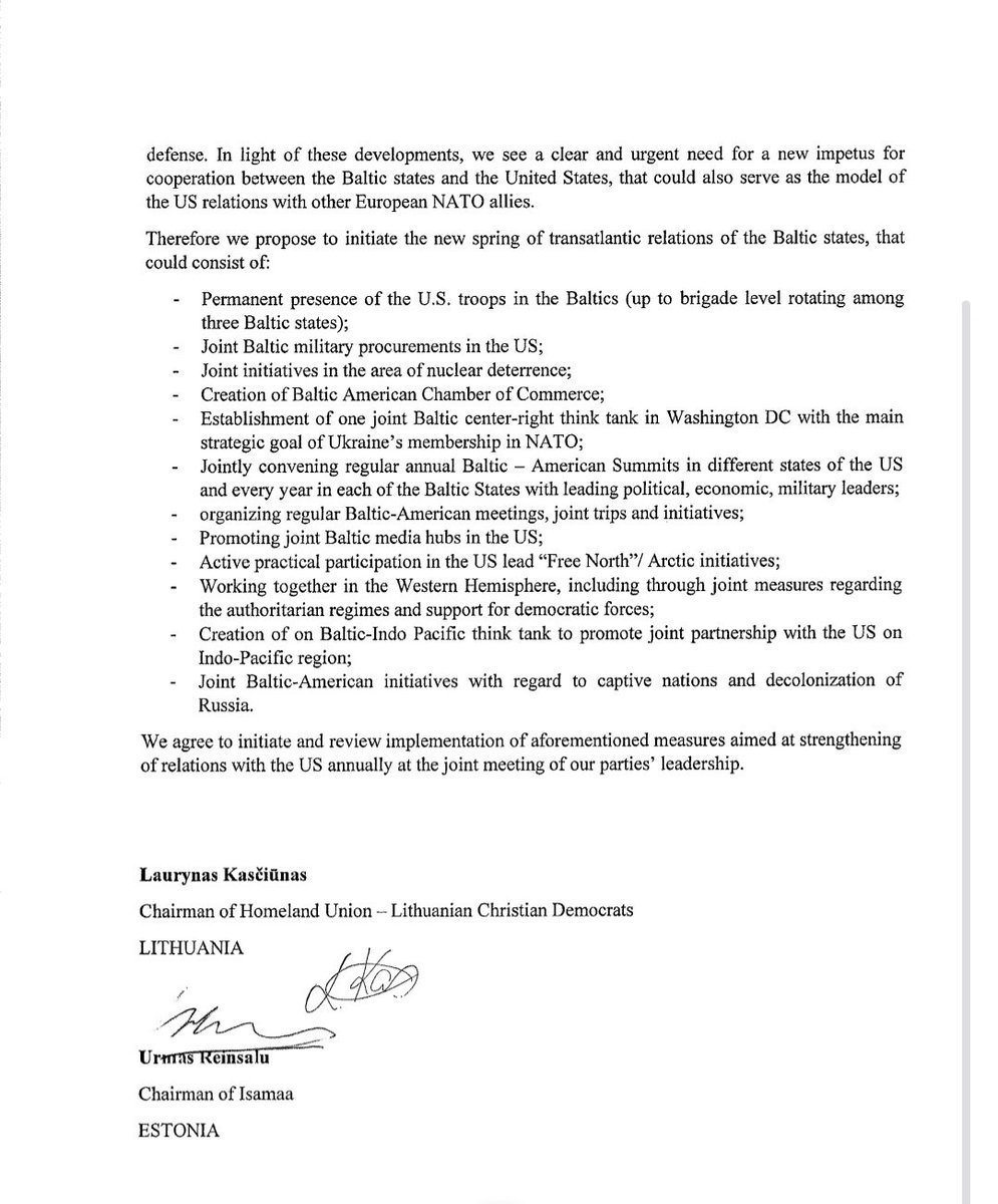 ZygisPavilionis's tweet photo. On the eve of #America250 - open letter to #RNC Chairman @JoeGruters on Baltic American Spring signed by two biggest Baltic "Republican" parties - @tslkd Chairman @LKasciunas &amp; @Erakond Chairman @UrmasReinsalu - please share it with Baltic Americans friends!!! 
🇱🇹🇪🇪🇺🇲 https://t.co/aToint9wee