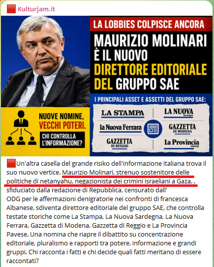 francotaratufo2's tweet photo. #Molinari:
-strenuo sostenitore delle politiche di netanyahu
-negazionista dei crimini israeliani a Gaza
-sfiduciato dalla redazione di Repubblica
-censurato dall'ODG per le affermazioni denigratorie nei confronti di francesca Albanese

diventa direttore editoriale del gruppo SAE https://t.co/sRsUgjFIh0