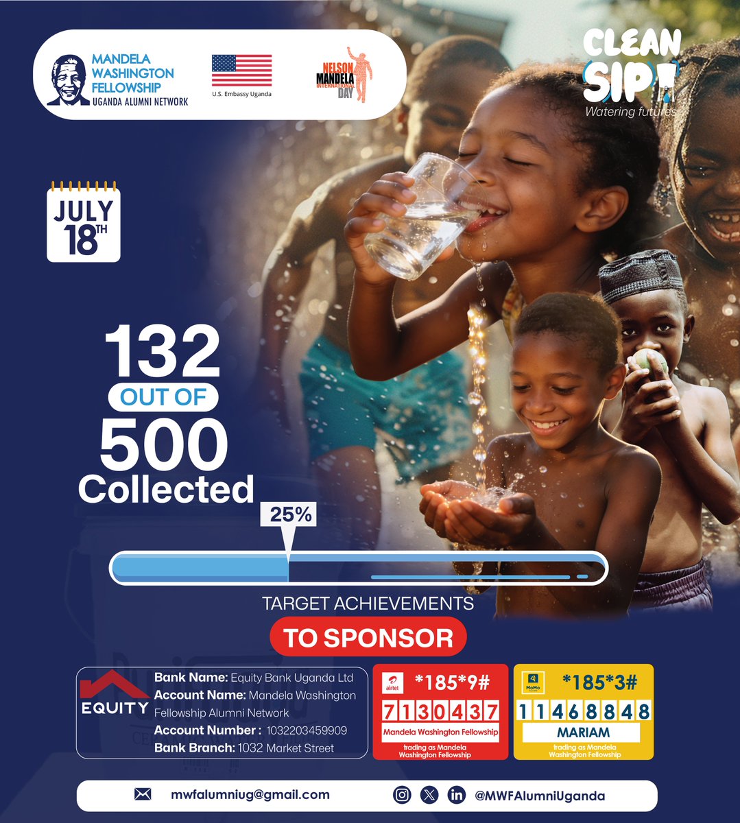 MWFAlumniUganda's tweet photo. 132 down. 368 to go. 💧

For just UGX 100,000, you can sponsor a water filter that gives up to 100 school-going children access to safe, clean drinking water.

Sponsor a filter. Tag someone to do the same.

Let's get to 500. 💙

#CleanSIP #MandelaDay2026 https://t.co/DVwWuB1CrW