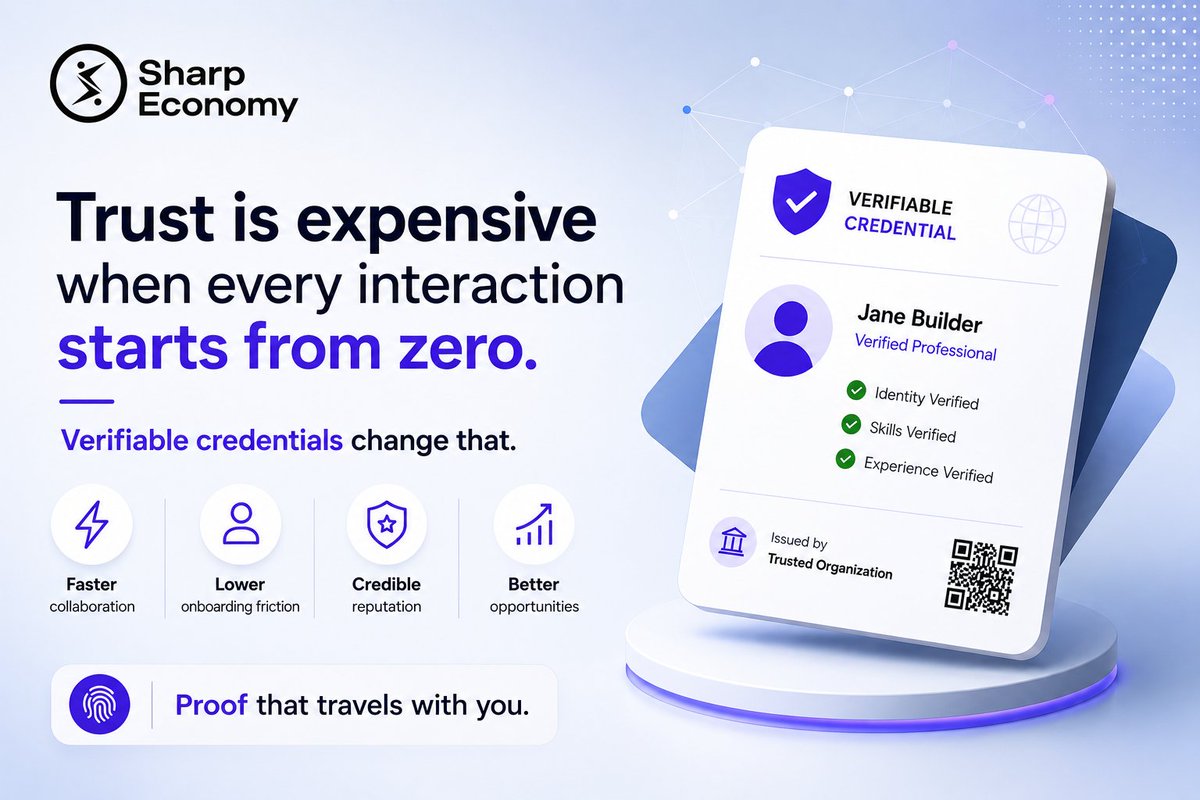 SharpEconomy's tweet photo. Trust is expensive when every interaction starts from zero.

Verifiable credentials change that.

Instead of asking people to repeatedly prove who they are and what they've done, proof becomes portable, transparent, and easy to verify.

For builders, this means:
• Faster collaboration
• Lower onboarding friction
• More credible reputations
• Better opportunities based on demonstrated work.

The future of work won't run on claims alone.

It will run on proof that travels with you.

Explore for more!
https://t.co/HVoKGRSvP2

#VerifiableCredentials #DigitalIdentity #FutureOfWork #SkillsOnChain #ProofOfSkills #CreatorEconomy #Web3 #TrustInfrastructure #ReputationSystems #SharpEconomy