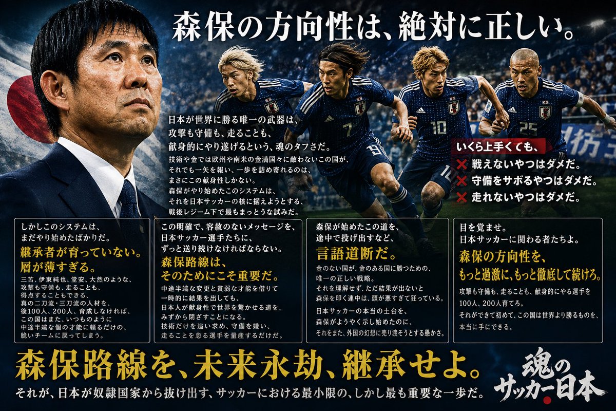 cischaba's tweet photo. 森保の方向性は、絶対に正しい。
日本が世界に勝る唯一の武器は、攻撃も守備も、走ることも、献身的にやり遂げるという、魂のタフさだ。技術や金では欧州や南米の金満国々に敵わないこの国が、それでも一矢を報い、一歩を詰め寄れるのは、まさにこの献身性しかない。森保がやり始めたこのシステムは、それを日本サッカーの核に据えようとする、戦後レジーム下で最もまっとうな試みだ。
しかしこのシステムは、まだやり始めたばかりだ。継承者が育っていない。層が薄すぎる。三笘、伊東純也、堂安、大然のような、攻撃も守備も、走ることも、得点することもできる、真の二刀流・三刀流の人材を、後100人、200人、育成しなければ、この国はまた、いつものように中途半端な個の才能に頼るだけの、脆いチームに戻ってしまう。
いくら上手くても、戦えないやつはダメだ。守備をサボるやつはダメだ。走れないやつはダメだ。
この明確で、容赦のないメッセージを、日本サッカー選手たちに、ずっと送り続けなければならない。森保路線は、そのためにこそ重要だ。中途半端な変更と貧弱な才能を借りて一時的に結果を出しても、日本人が献身性で世界を驚かせる道を、みずから閉ざすことになる。技術だけを追い求め、守備を嫌い、走ることを怠る選手を量産するだけだ。
森保が始めたこの道を、途中で投げ出すなど、言語道断だ。金のない国が、金のある国に勝つための、唯一の正しい戦略。それを理解せず、ただ結果が出ないと森保を叩く連中は、頭が悪すぎて狂っている。日本サッカーの本当の土台を、森保がようやく示し始めたのに、それをまた、外国の幻想に売り渡そうとする愚かさ。
目を覚ませ。日本サッカーに関わる者たちよ。森保の方向性を、もっと過激に、もっと徹底して続けろ。攻撃も守備も、走ることも、献身的にやる選手を100人、200人育てろ。それができて初めて、この国は世界より勝るものを、本当に手にできる。森保路線を、未来永劫、継承せよ。それが、日本が奴隷国家から抜け出す、サッカーにおける最小限の、しかし最も重要な一歩だ。