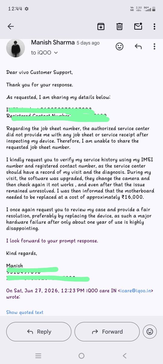 DataGuyManish's tweet photo. @IqooInd I request a free motherboard replacement. My iQOO Neo 10R developed motherboard,front camera, and speaker issues after the latest software update.The authorized service center diagnosed a motherboard failure and quoted₹16,000.Please investigate  and provide a resolution https://t.co/7SMz1Yhb70