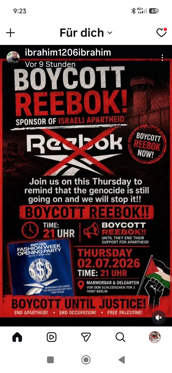 Mausebaer17's tweet photo. Boycott Reebok! Donnerstag, 2.7.26, 21 Uhr, Vor dem Schlesischen Tor 3 #b0207 https://t.co/aytbAnhXnr