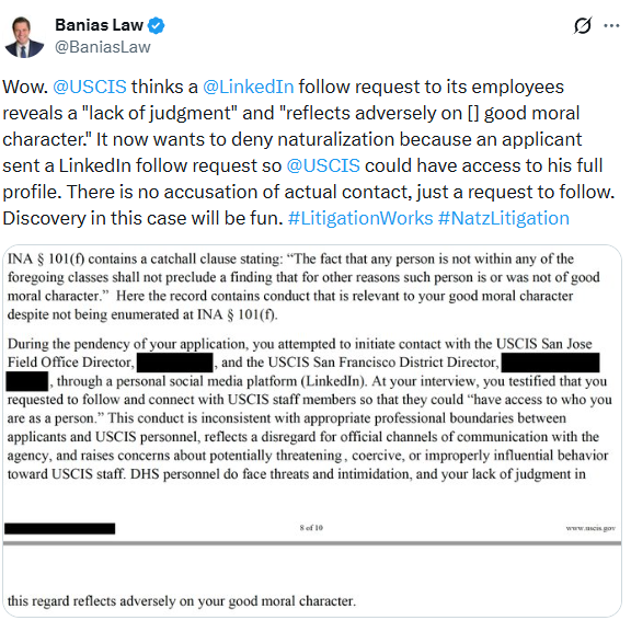 deshvideshdesk's tweet photo. Can a LinkedIn request affect your US citizenship? Lawyer challenges USCIS position
https://t.co/IxhdyWokcl https://t.co/7rIFivh1yC