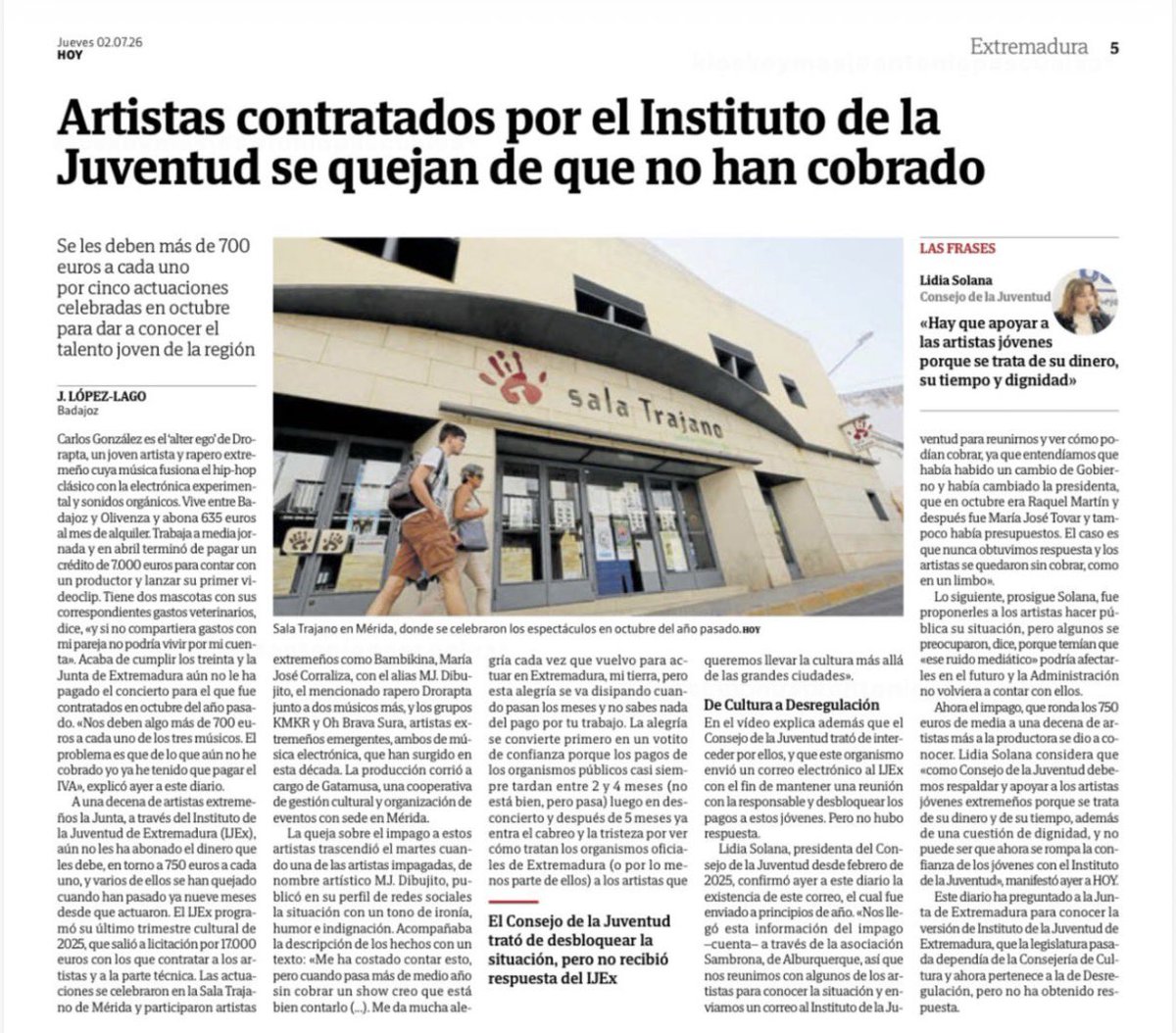 AlvaroSCotrina's tweet photo. Guardiola y Vox usan a nuestros y nuestras jóvenes artistas para hacerse la foto y luego los dejan meses sin cobrar.

Eso no es política de juventud: es precariedad institucional.

Desde el @psoeex pedimos respeto y dignidad salarial y laboral para nuestra juventud. https://t.co/ETfrXGicRJ