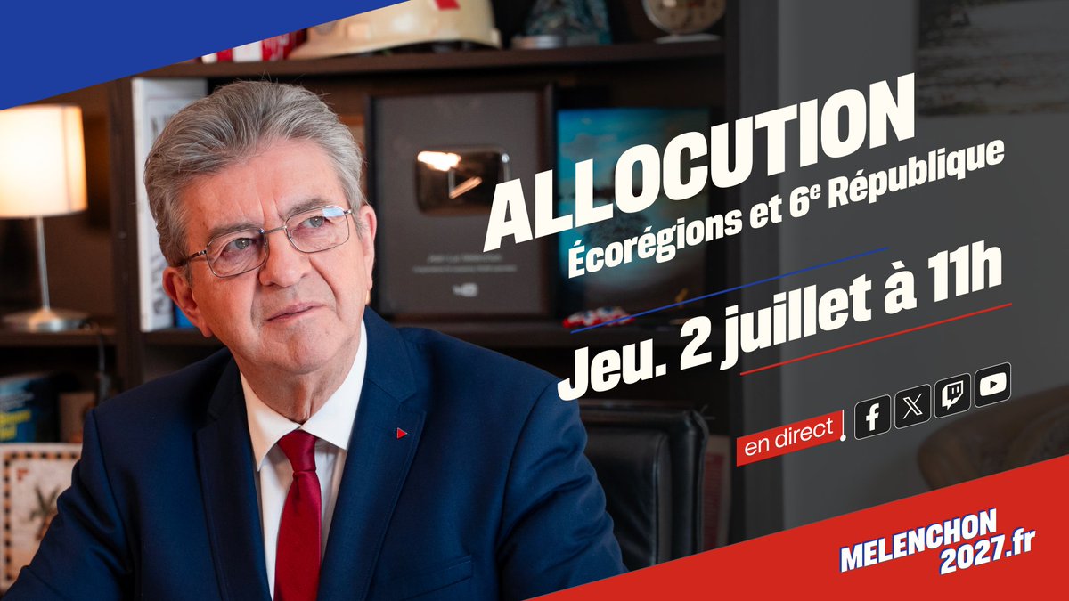 FranceInsoumise's tweet photo. 🔴 Ce jeudi 2 juillet, rendez-vous à 11h pour suivre en direct une allocution de Jean-Luc Mélenchon sur les écorégions et la 6e République, suivie d'une conférence de presse avec Manuel Bompard.

👉 Le direct sur Youtube : https://t.co/RIbGp61NDu https://t.co/bzCmprXqnD