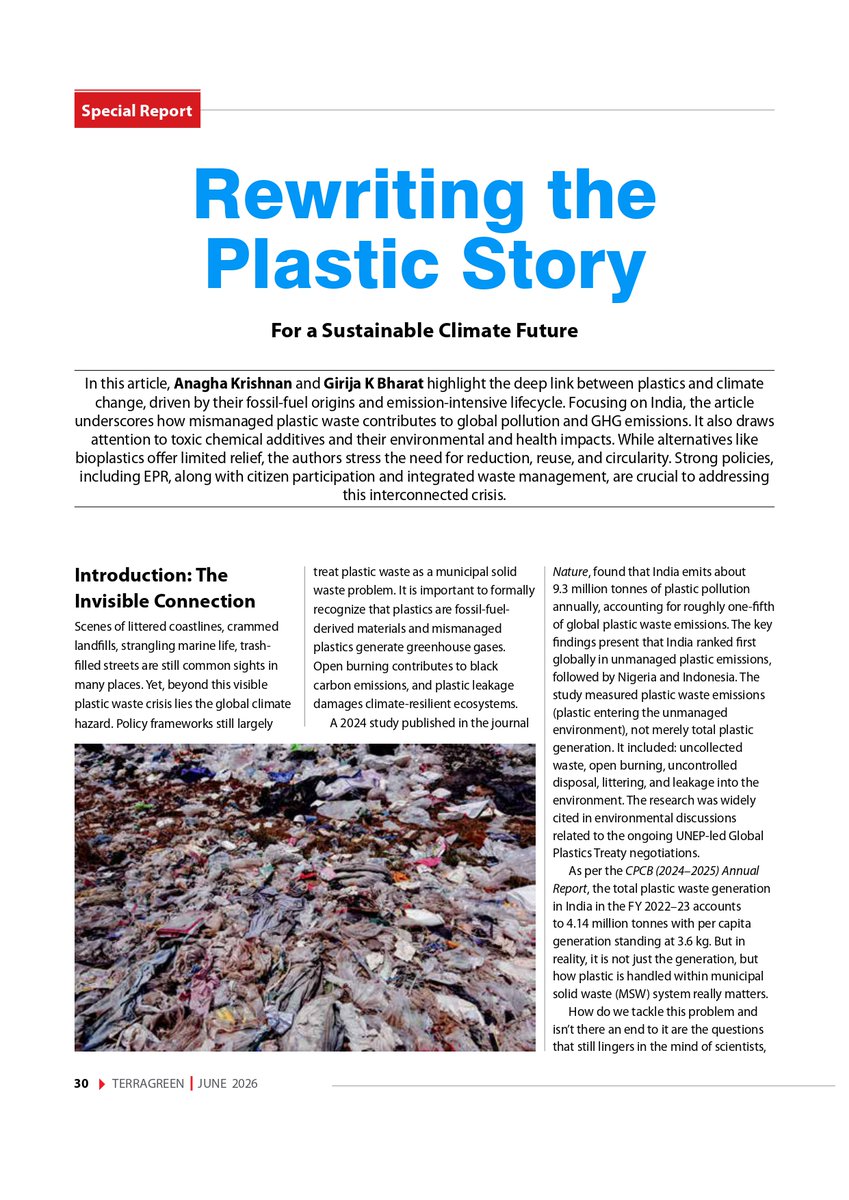 gamma_mu's tweet photo. Plastic pollution is also a climate crisis. From fossil fuel origins to GHG emissions, its lifecycle degrades our environment.
The "Rewriting the Plastic Story: For a Sustainable Climate Future" by @AnaghaKris61311 @girija_bharat call for urgent circularity &amp; policy action. https://t.co/Od9PXJmtSZ