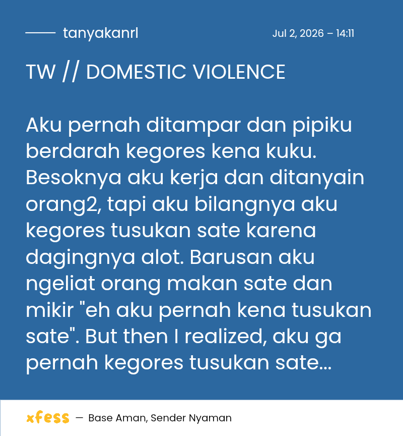 tanyakanrl's tweet photo. TW // DOMESTIC VIOLENCE 

Sekarang udah aman aja sih karena udah baikan sama orang rumah haha. Cuma sedih dikit aja karena ingatanku kok malah jadi ngikutin kebohonganku sendiri 💚 https://t.co/fOOBaOax90