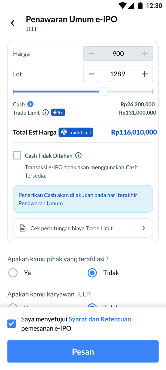 jowyandra's tweet photo. Banyak yang bahas oversubscribe JELI, gue malah sibuk ngulik fitur IPO-nya. 🤣 Trade Limit di Ajaib ternyata bisa dipakai buat pesan IPO. Cash Rp26 jutaan, buying power sampai Rp131 juta. Menarik juga buat yang suka atur sizing. https://t.co/zr2LjemKce