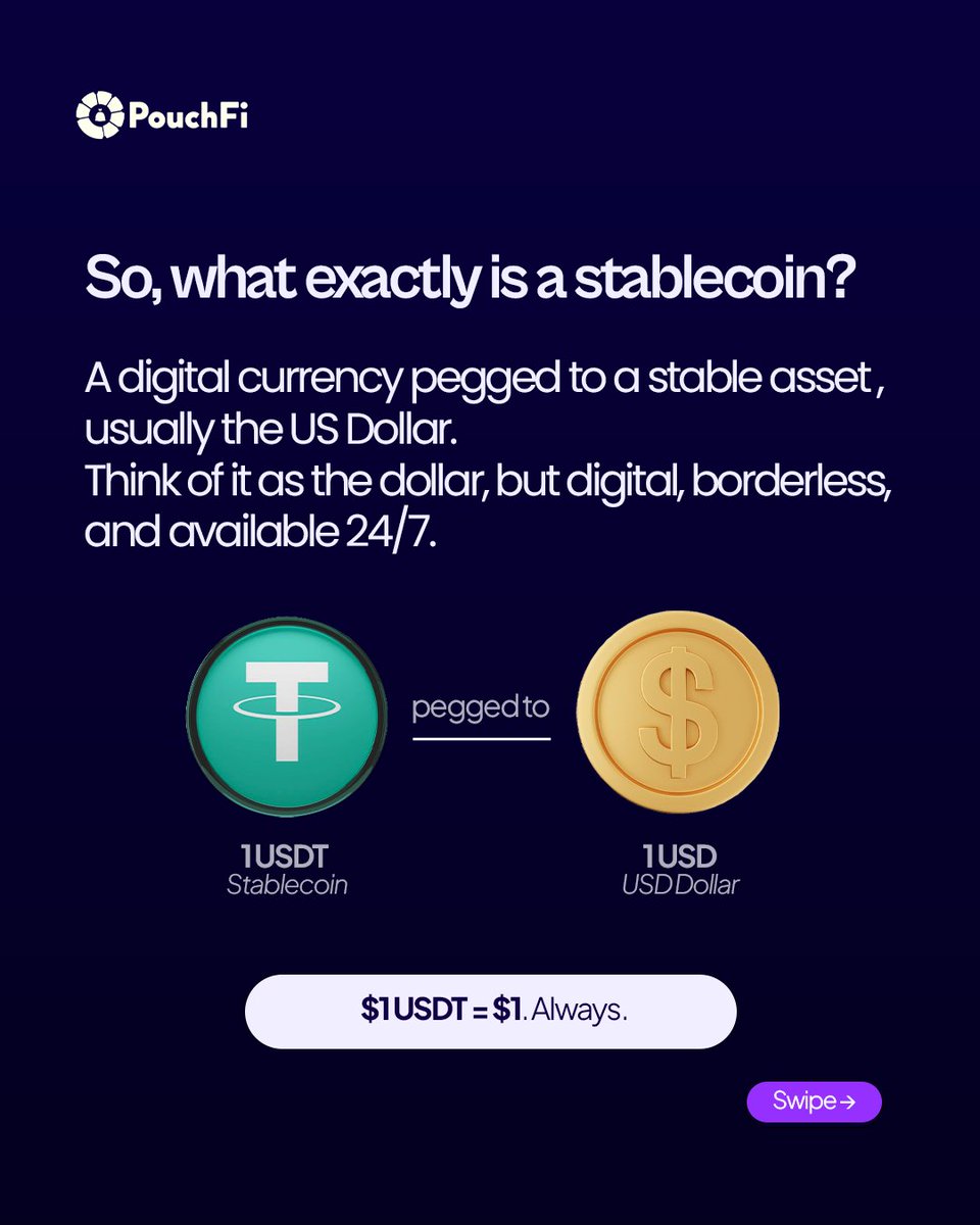 PouchFinance's tweet photo. Everyone's talking about stablecoins.

But do you actually know what they are?

If you're a freelancer, remote worker, crypto trader, or anyone curious about USDT, this one's for you.

Swipe right ➡️ https://t.co/jUhwwQkPcB