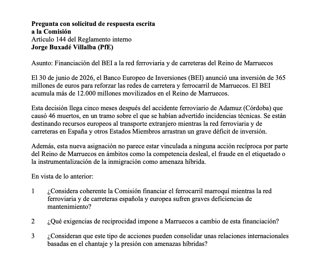 VOX_Europa_'s tweet photo. ‼️ Ni un ataque a los españoles sin respuesta.

VOX ayer denunció ante la Comisión la instrumentalización del BEI por parte de Sánchez y Calviño para desviar dinero al régimen marroquí.

Mientras mueren españoles en Adamuz, el dinero europeo se destina a los trenes de Marruecos. https://t.co/cP5JTi4N2c