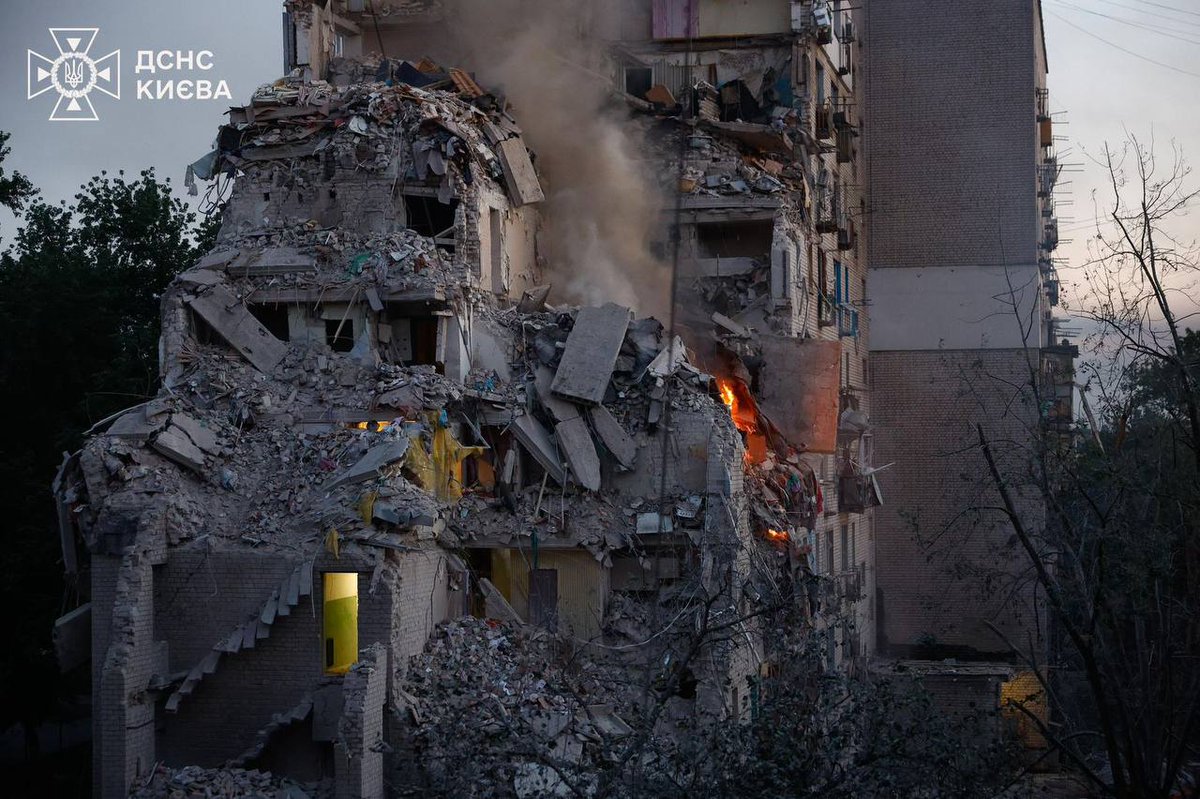 clashreport's tweet photo. Zelensky: Russia hit Kyiv with 70+ missiles and nearly 500 drones overnight; 13 dead.

Zelensky says Russia launched over 70 missiles — nearly half of them ballistic — and almost 500 strike drones including jet-powered Shaheds against Ukraine overnight, with the main blow directed at Kyiv. 

Thirteen people were killed and more than 90 wounded. 

Damage was recorded at over 20 locations across the capital, mostly ordinary residential buildings, along with an ambulance station, a scientific institute, a hotel, and businesses. Strikes also hit Kharkiv, Sumy, Dnipro, Zaporizhzhia, and Cherkasy regions.

Ukrainian air defenses intercepted a significant number of the incoming weapons, but not all. 

Zelensky called air defense "an absolutely primary and critical issue," urged partners to contribute to the PURL program, and said he is counting on a US decision on Patriot licenses and joint anti-ballistic production — "this is what can stop the war and attacks like these."