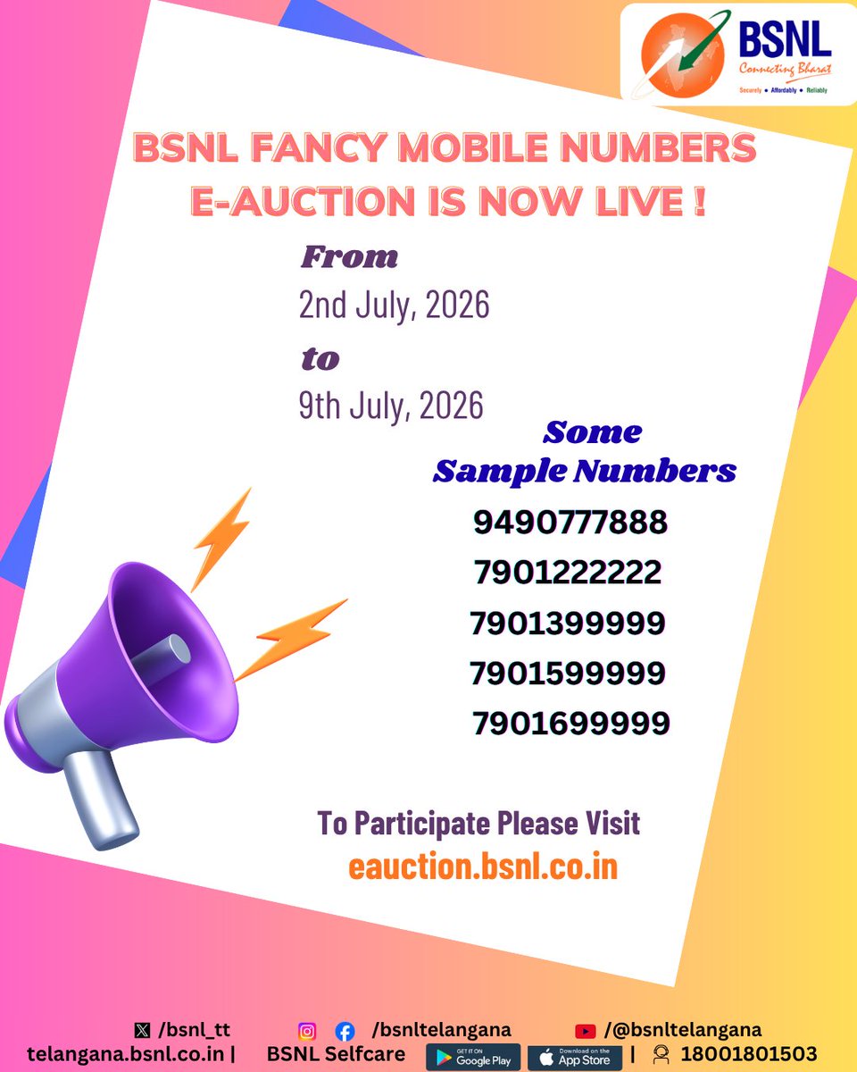 bsnl_tt's tweet photo. 🎉 The sale of BSNL Premium Mobile Numbers is now LIVE through E-Auction.

📅 E-Auction Period: 02.07.2026 – 09.07.2026
📱 Choose your preferred mobile number.
🌐 Participate now: https://t.co/ZReAwLxXPD
✨ Bid. Win. Own your lucky number today!

#BSNL #PremiumNumbers #EAuction https://t.co/1ndVztossy