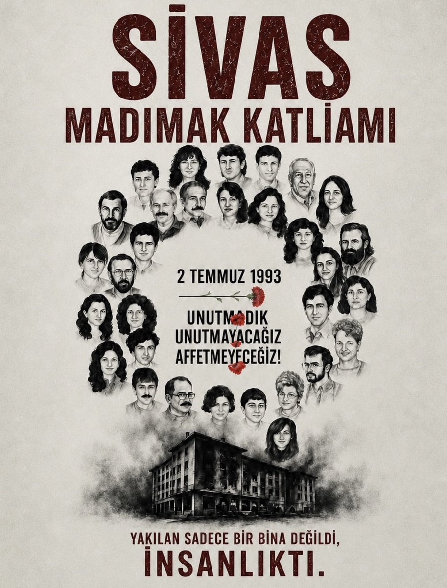 serhatdemir62's tweet photo. 2 Temmuz 1993…

Sivas Madımak Katliamı’nın üzerinden yıllar geçti.
33 can yaşamdan koparıldı, onlarca aileye tarifsiz acılar bırakıldı.

Aradan geçen zamana rağmen acı da, hafıza da, adalet talebi de sürüyor.

Yaşamını yitirenleri saygı ve özlemle anıyoruz.

Unutmadık.
Unutturmayacağız..

#UnutMADIMAKlımda