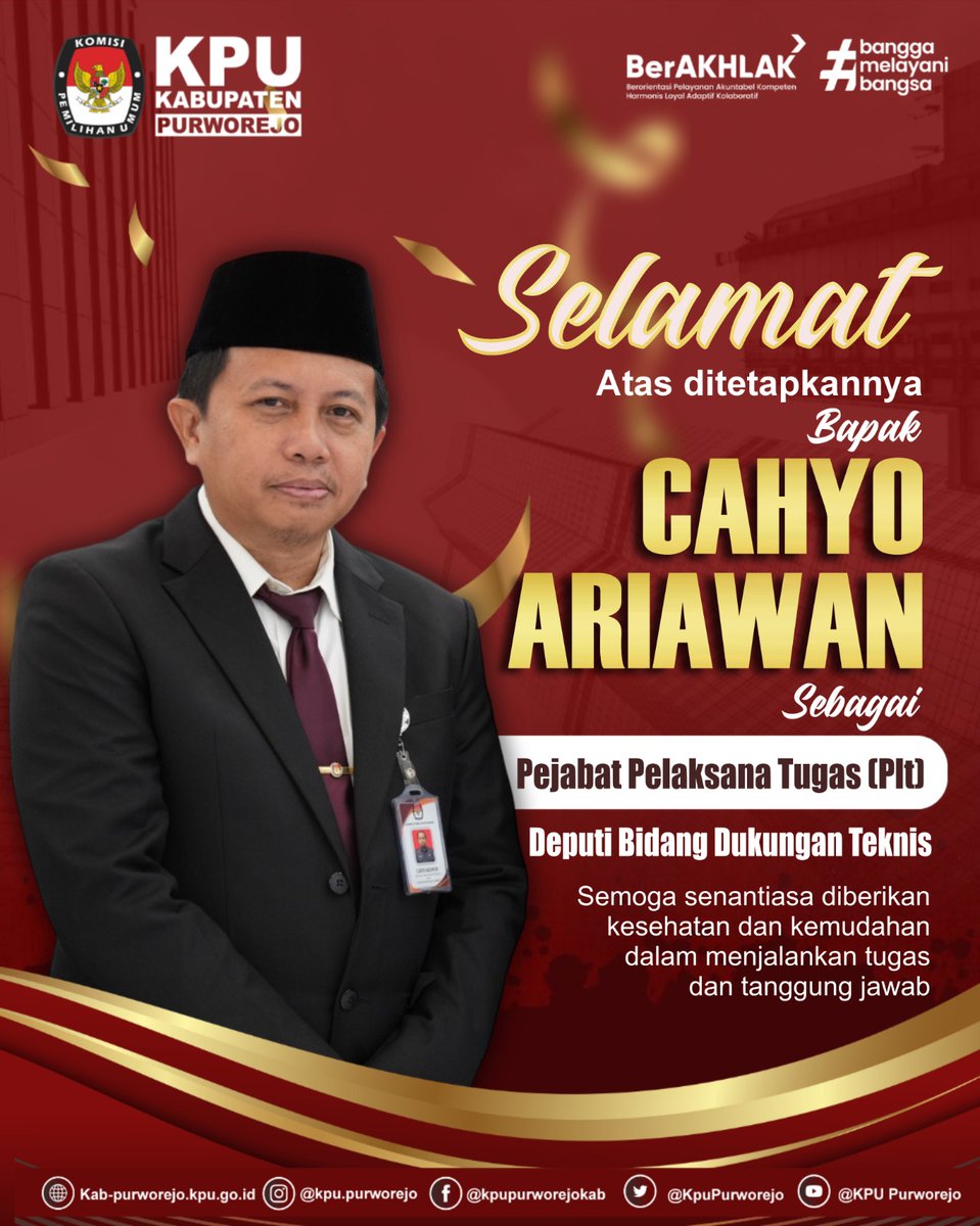 KpuPurworejo's tweet photo. #TemanPemilih,
Segenap jajaran KPU Kabupaten Purworejo mengucapkan selamat dan sukses.
Semoga senantiasa diberikan kesehatan dan kemudahan dalam menjalankan tugas dan tanggung jawab.

#KPURI
#KPUJateng
#KPUPurworejo
#KPUMelayani https://t.co/jMDDA61YrA
