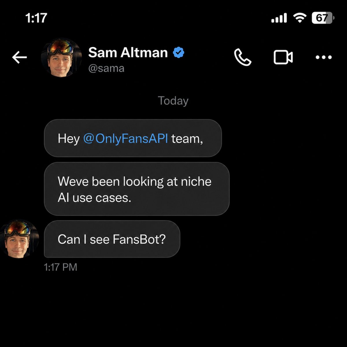 onlyfansapi's tweet photo. Just got a message from Sam Altman.

He asked us about FansBot.

Maybe OnlyFans will not be such a "niche" anymore. https://t.co/jFDVa9321u