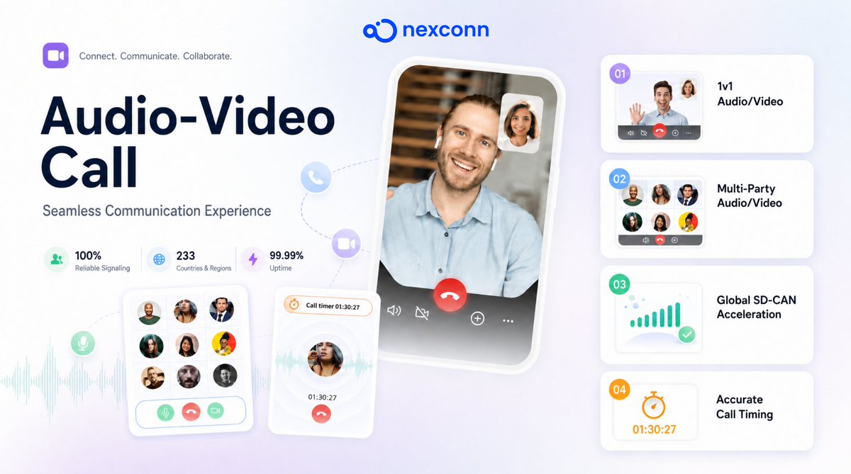 nexconn_ai's tweet photo. Nexconn simplifies real-time communication. With our SDK, you can integrate robust 1v1 and multi-party calling with incredible ease. 
✅ 100% Reliable Signaling
✅ Global SD-CAN Acceleration
✅ 99.99% Uptime across 233 Countries &amp; Regions 

#AudioVideoCall #RealTimeCommunication https://t.co/3xsQtKNR0J