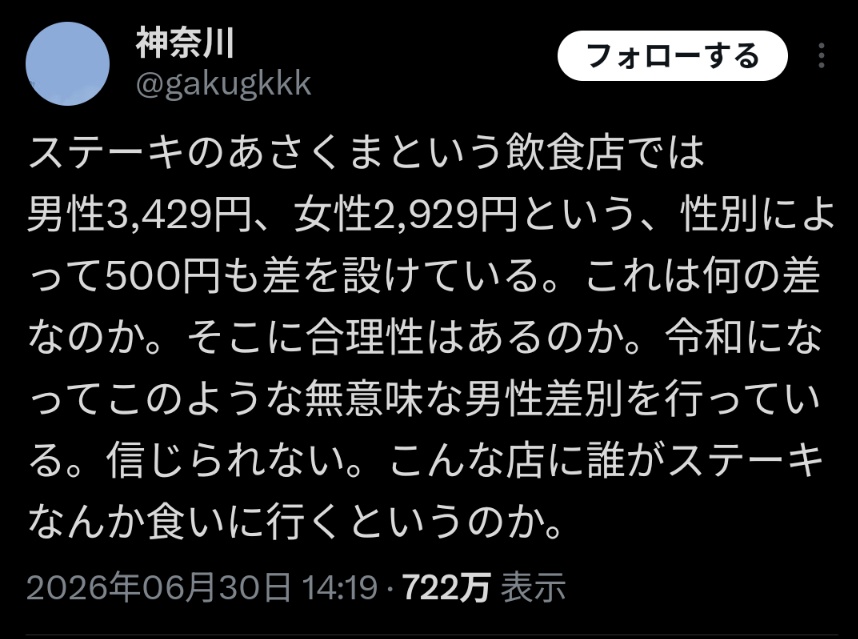 belzedaro's tweet photo. 男のほうが多く食べるんだから男のほうが高くなるだろそりゃ。
たかが17%そこそこの差額でピーピー言うなよみっともないｗ

本当にこういう奴らって「差別」のなんたるかを考えてないんだよな。
ただ自分が得したい時に都合よく使う言葉ぐらいに考えてるテイカー。 https://t.co/itCSAveZSS